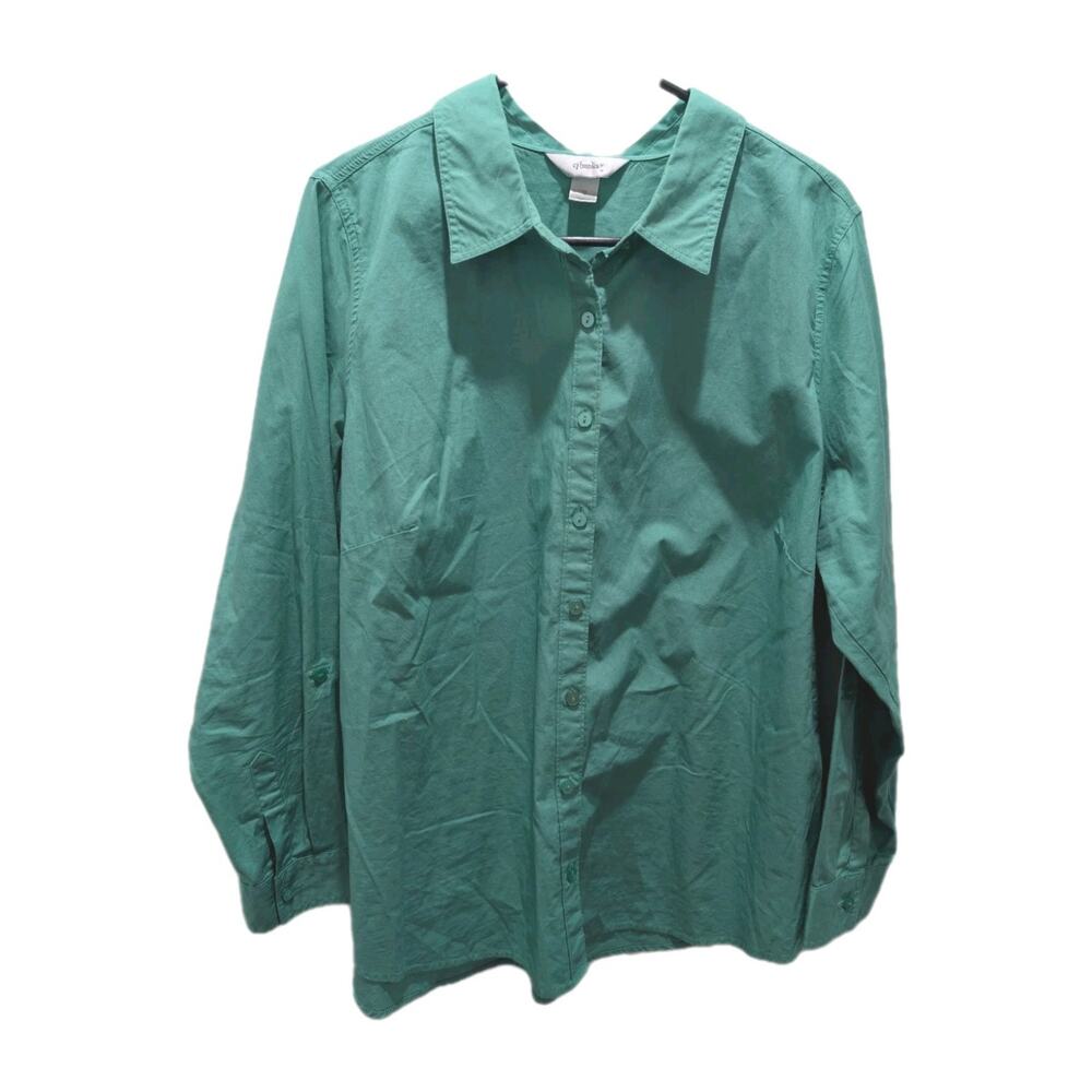 CJ Banks Blouse Shirt 💯 Cotton Women's Green Button Up Top Plus Size 1X Collar